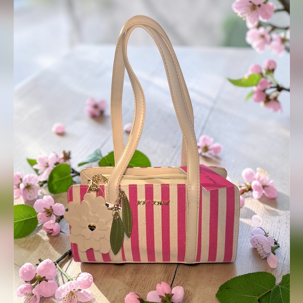 Betsey Johnson Pink Multi Striped Shoulder Bag with Floral Charm, NWT